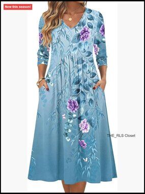 3/4 Sleeve Midi Dress with Pockets, Polyester Spandex Fabric